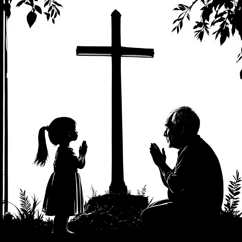 Silhouette of an elderly man and a young girl praying in front of a cross, symbolizing faith, spirituality, and generational connection.